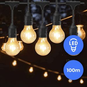 Fonkel Arena LED Lichtsnoer Buiten met 100 Lampjes E27 Druppeleffect - Prikkabel 100 meter Tuinverlichting – Lampjes Slinger Warm Wit 2700k - Koppelbare Feestverlichting IP65 - Kerstverlichting