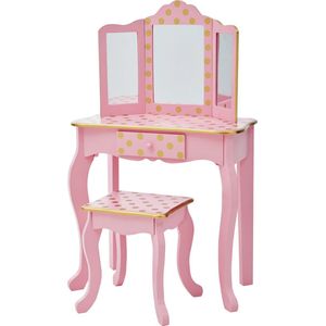 Teamson Kids Houten Kaptafel Kinderen - Tafel en Stoel Set - Polka Dot - Roze/Goud