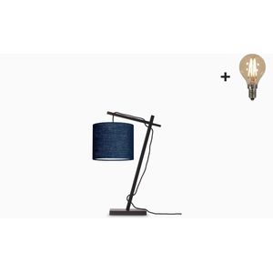 Tafellamp – ANDES – Zwart Bamboe - Blauw Linnen - Met LED-lamp