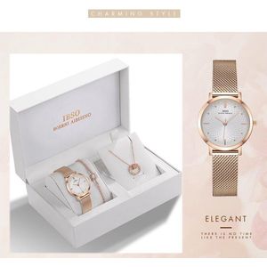 Boerni Aibisino Horloge met decoratieve wijzerplaat, Armband en Ketting Rosé luxe geschenk set luxe geschenk set | Crystal glass | Premium kwaliteit uurwerk Quartz Japan | Mineraal | Geschenk | Fashion | Elegant | Dames | Vrouw | Black Friday
