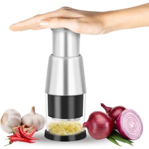 Roestvrij stalen knoflookpers en vleesmolen met handmatige uiensnijder - knoflookhakmolen voor paprika en uien in het zwart