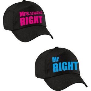 Mr Right en Mrs Always right petten / caps zwart met blauwe en roze bedrukking voor volwassenen - verkleedpet / feestpet voor koppels