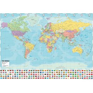 Wereldkaart 50 x 70cm poster - luxe stevig papier - werelddelen - oceanen - steden - vlaggen