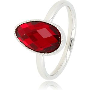 My Bendel Zilverkleurige twisted ring met rode kristalsteen druppel - Zilverkleurige ring met getwist randje en een rode glassteen - Met luxe cadeauverpakking
