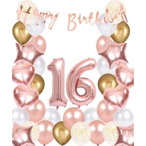 Snoes Ballonnen 16 Jaar Rose Gold White Dots - Compleet Feestpakket met cijfer ballon 16 Jaar - Verjaardag Versiering Slinger Happy Birthday – Folieballon – Latex Ballonnen - Helium Ballonnen - Rose Feestpakket