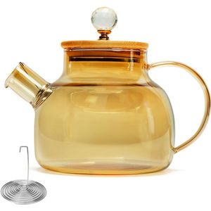 Belle Vous Standaard Glazen Theepot met Bamboe Deksel - 1 l Borosilicaat Glazen Kan met Inleg/Verwijderbare Zeef - Werkblad Veilige Ketel met Filter Trechter voor Losse Bladeren/Theebloemen