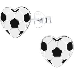 Joy|S - Zilveren hartje oorbellen - voetbal - wit - 9 mm