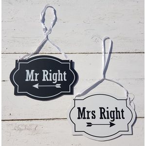 Mr Right and Mrs Right houten decoratie borden - trouwen - bruid - bruidegom - mr - mrs - decoratie