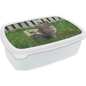 Broodtrommel Wit - Lunchbox - Brooddoos - Kat - Vlag - Gras - Hek - 18x12x6 cm - Volwassenen