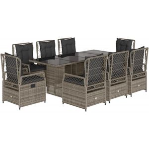 The Living Store 9-delige Tuinset met kussens poly rattan grijs - Tuinbank - Lounge Set - Buitendiner - Poly Rattan - Loungestoel