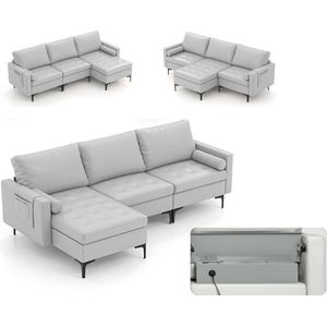 Meervoudige combinatie bankcollectie, modulair met USB-poorten en stopcontact, omkeerbare chaise lounge, opbergbox, L-vormige modulaire bank voor woonkamer, slaapkamer, kantoor, lichtgrijs