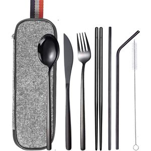 House of Husk Reisbestek - Reis Bestekset - Chopsticks - Metalen Rietjes met borstel - Lepel - Vaatwasserbestendig - RVS - 7 Delig - Zwart