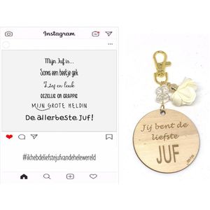Sleutelhanger en kaartje JUF | beige | instagram | jij bent de liefste | liefste juf | topjuf | einde schooljaar | cadeau