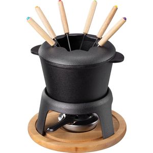 Navaris gietijzeren fondue set ⌀21 cm - Met 6 fonduevorken en brander - Voor kaasfondue, chocoladefondue en raclette - Gietijzer, RVS en hout