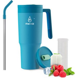 Travel Cup Motivai® - Blauw - 40oz - RVS Thermosbeker met Handvat en Rietje - Drinkbeker To Go - 1.2 Liter - Tumbler - Mug - Thermosbeker - Thermosfles - Thermoskan