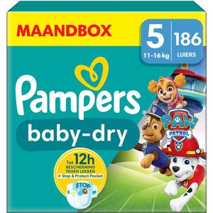 Pampers Baby-Dry - Paw Patrol-editie - Maat 5 (11kg-16kg) - 186 Luiers - Maandbox