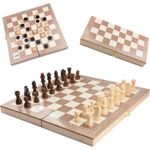 Shagam - 3-in-1 Set - 39 x 39 cm - Schaakbord - Dambord (8x8) - Backgammon - Hout - Met Schaakstukken - Opklapbaar - Schaakspel - Schaakset - Schaken - Chess - Damset