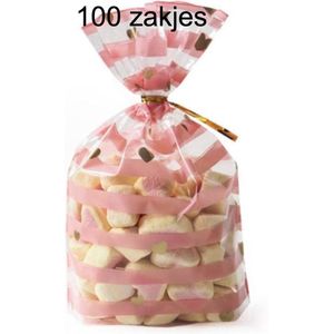 CHPN - Traktatiezakjes - Uitdeelzakjes - Snoepzakjes - Giftbags - 100stuks - Goodiebag - Transparante zakjes - Roze met gouden hartjes