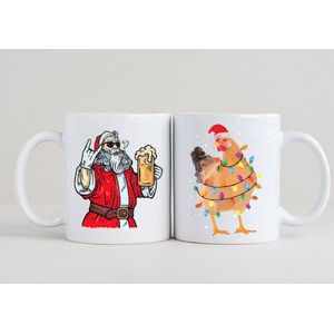 2 Kerst Mokken - Kerstman met bier + Kip kerstboom - kerst - feest - christmas
