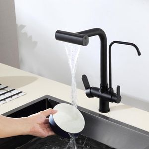 JGS® - Luxe 3-Weg Uittrekbare Keukenkraan met Waterfilter, 360° Draaibaar, 4 Standen Mengkraan, Messing Behuizing, Zwart-
