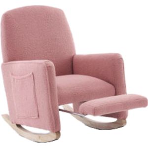 Schommelstoel met kruk, relaxstoel met voetenbank, schommelstoel voor binnen met hoge rugleuning voor de woonkamer, teddystof, roze