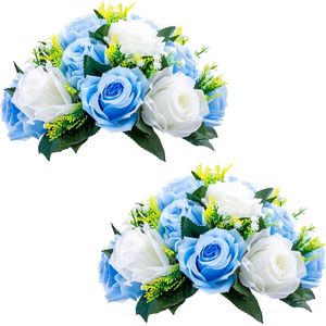 2 stuks kunstbloemen, 15 koppen, kunststof rozen met sokkel, geschikt voor winkel, bruiloft centrepiece, bloemenrek voor feesten, Valentijnsdag, decoratie (blauw & wit)