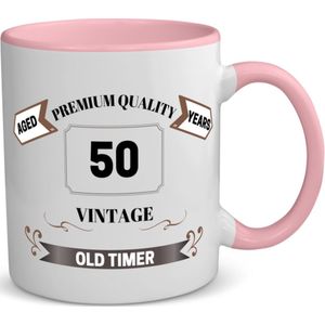 Akyol - 50 vintage old timer koffiemok - theemok - roze - 49+1 - mensen die 50 zijn geworden - 50 jaar sarah en abraham cadeau - jubileum man en vrouw - mok met opdruk - verjaardagsmok - grappige tekst mok - jarig - verjaardag - 350 ML inhoud