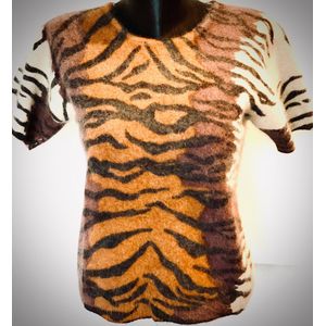 Gebreide trui met tijgerprint - Korte mouwen - Ronde hals - Beige/Zwart - XXL/46