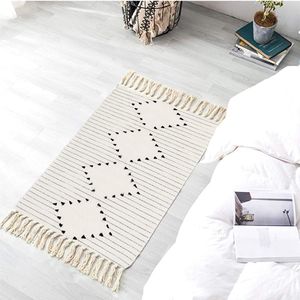 Katoenen vloerkleed, bedrukte moderne handgeweven tapijten, loper met kwastjes, wasbare tapijten voor slaapkamer, woonkamer, keuken, wit, 60 x 90 cm