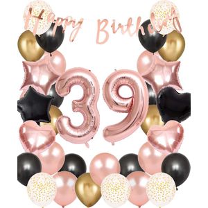 Snoes Ballonnen 39 Jaar Set Mega Rose Black Zwart Ballonen set - Compleet Feestpakket Cijferballon 39 Jaar - Verjaardag Versiering Slinger Happy Birthday – Folieballon – Latex Ballonnen - Helium Ballonnen