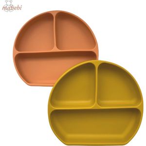 Mabebi - Vakjesbord met zuignap 2stuks - Verdeelbord - kinderbord - siliconen eetbord voor peuters/ kleuters - Oranje - Oker