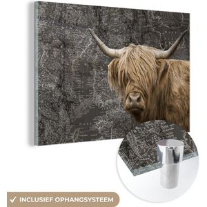 MuchoWow® Glasschilderij 180x120 cm - Schilderij acrylglas - Schotse hooglander - Wereldkaart - Koe - Foto op glas - Schilderijen
