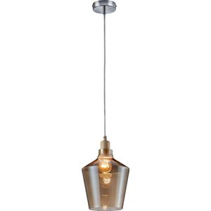 TRIO, Hanglamp, Calais 1xE27, max.60,0 W SMD Glas, Transparant & kleur, Armatuur: Metaal, houtkleur Ø:20,0cm, H:130,0cm Zonder lichtbron