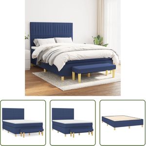 The Living Store Boxspringbed - Blauw - 203 x 144 x 118/128 cm - Hoogte verstelbaar hoofdbord - Pocketvering matras - Middelharde ondersteuning - Huidvriendelijk topmatras - Multifunctioneel bankje