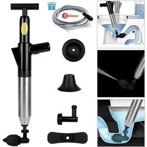 Professionele Luchtdruk Ontstopper – Voor Toilet, Gootsteen, Douche & Meer – Met 4 RVS Koppen, Drukmeter & Oppompbasis – Max. 8 Bar – Zwart - AUM