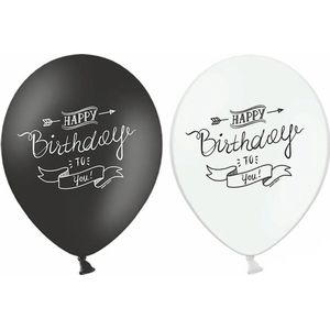 PARTYDECO - 6 zwart wit Happy Birthday ballonen - Decoratie > Ballonnen