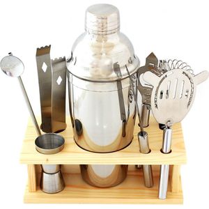 Luxe cocktail shaker set 9 delig van hoge kwaliteit - Bamboe standaard - Cocktail set bar accessoires - Zilver