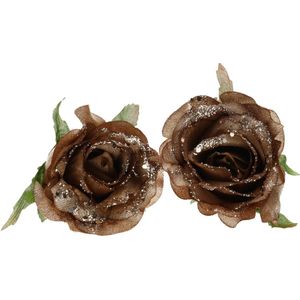 2x stuks decoratie bloemen roos goud bruin glitter op clip 10 cm - Decoratiebloemen/kerstboomversiering/kerstversiering