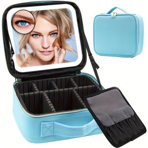 Reis Make-Up Tas met Spiegel Led Verlichting, BLEU kleurige- DROOM CADEAU- Treinkoffer Met Verstelbare Verdelers, Afneembare 10x Vergrotende Spiegel Beautycase – Tas voor Cosmetica – Reis Toilettas Waterdicht-UV bestendig- straalt elegantie uit BLAUW