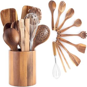Houten keukengerei - Keukengerei set - Houder - Keukengerei Set Met Houder - Kookgerei Set Hout - Houten Spatel - Spatelpot - Lepelpot - Spatelset -