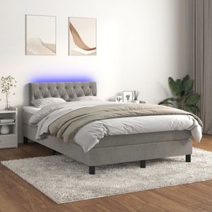 The Living Store Bed - LED Verlichting - Fluwelen Stof - Hoofdbord - Pocketvering Matras - Huidvriendelijk - Lichtgrijs - 203x120x78/88cm