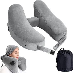 Inflatable Airplane Neck Pillow with Portable Hood and Washable Cover for Travel Comfort