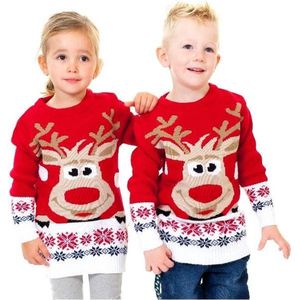 Kersttrui kind - Rendier Rudolph - Rood - Voor jongen of meisje - Maat 6/7 jaar - Foute kersttrui voor kinderen