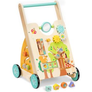 Houten Loopstoeltje met Speelgoed - Duwwagen voor Baby's met Interactief Speelcentrum - Leuk Speelgoed voor Kindjes die Leren Lopen