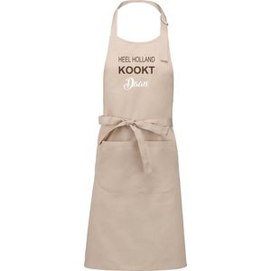 Exclusieve keukenschort - Heel Holland Kookt - beige - met voornaam - opdruk Chocolade - naam in wit