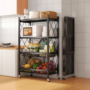 Velox Goods VL‑522 4‑Laags Opbergrek – Inklapbare Planken met Wielen – Stevig Staand Rek voor Keuken, Badkamer & Woonkamer – Open Vakkenkast – Zwart