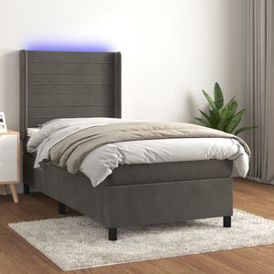 The Living Store Bed - Boxspring Donkergrijs 90x190cm - Fluwelen Materiaal - Verstelbaar Hoofdbord - LED-verlichting