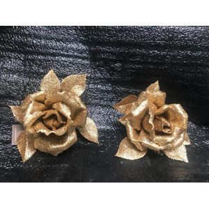 2 Goudkleurige bloemen op clip Glitter ornamenten rozen op knijper kersthanger