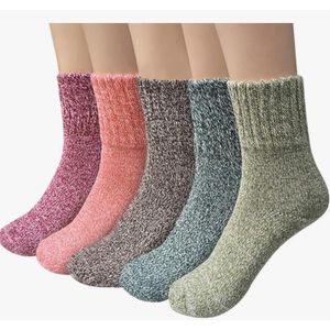 Damessokken van wol, warme en comfortabele dikke sokken, geschikt voor de winter, 5 stuks, 1-roze, donkerrood, lichtgroen, donkergroen, paars, 35/40 EU