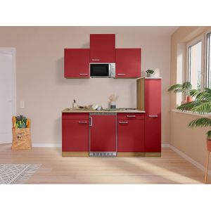 Goedkope keuken 180  cm - complete kleine keuken met apparatuur Luis - Eiken/Rood - elektrische kookplaat  - koelkast  - magnetron - mini keuken - compacte keuken - keukenblok met apparatuur